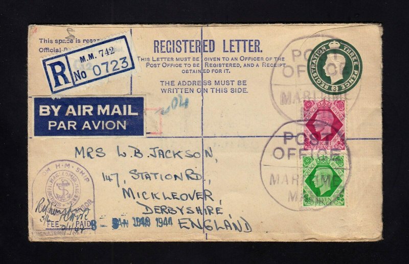 GB: 1944 Registed PSE Cover to ENGLAND MARITIME MAIL Cancel