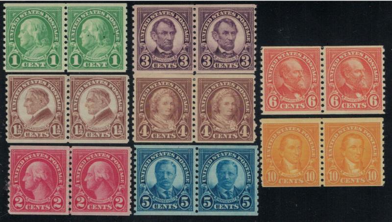 US #597 - 603, 723 VF/XF mint lightly hinged PAIRS, a very fresh set SUPER NI...