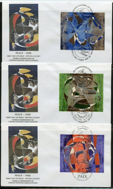 UN 1993 PEACE WFUNA CACHET BY HANS ERNI ON 3 FIRST DAY COVERS