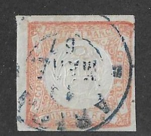 Peru Sc #12  1d red imperf used with blue CDS VF
