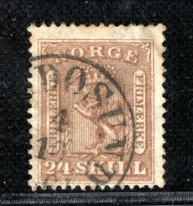 NORWAY Stamp Scott.10 24s Brown (1863) CDS Postmark Used Cat $65- YELLOW155