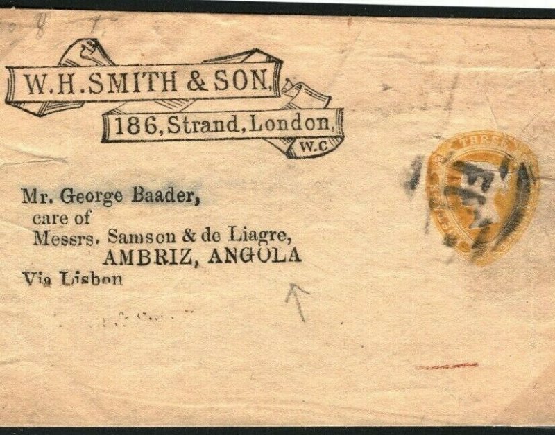 GB QV Stationery WH SMITH Yellow 1½d WRAPPER ANGOLA *Ambriz* c1894 23b.4