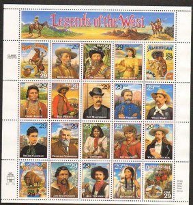 US  #2869 LEGENDS OF THE WEST SHEET OF 20 VF NH