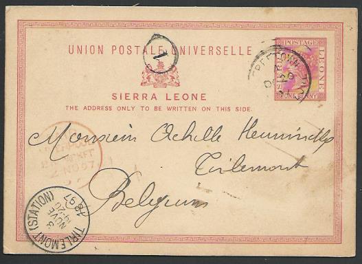 SIERRA LEONE 1897 QV 1d postcard used to Belgium - via Liverpool Packet....56812