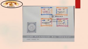 O) 1986 URUGUAY, PLUNA,PLANES, DRAGON FLY, DOUGLAS DC 3, VICKER VISCOUNT, BOEING 