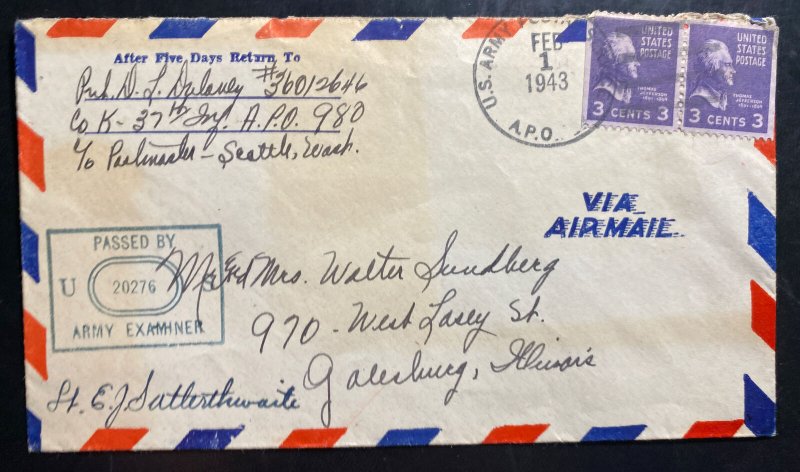 1943 US Army PO 980 Alaska Airmail Censored Cover To Galesburg IL USA