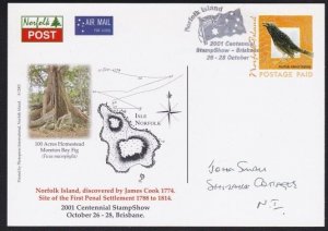 NORFOLK IS 2001 Overseas Postage Paid Birds postcard used..................B3817