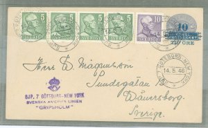 Sweden  1946 postal history/stationery, carried on Gripsholm