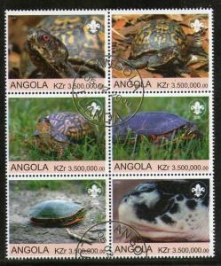 Angola 2000 Tortoise Reptiles Amphibians Fauna Setenant BLK/6 Cancelled # 13491