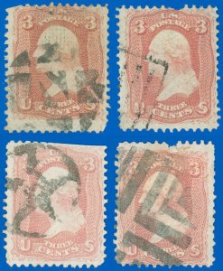 US Scott #65 x3 and #94 (?), 4 Different Fancy Cancels! Stamps Faulty in Perfs