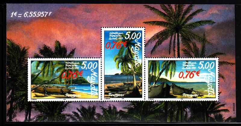 Mayotte MNH Scott #129 Souvenir sheet of 3 different Island scenes with pirog...