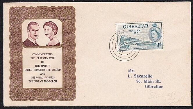 GIBRALTAR 1954 Royal Visit 3d commem FDC...................................A8641