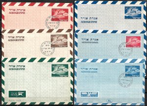 ISRAEL STAMPS. SET OF 6 AEROGRAMME AIR LETTER SHEETS FLYING STAG 1952-57