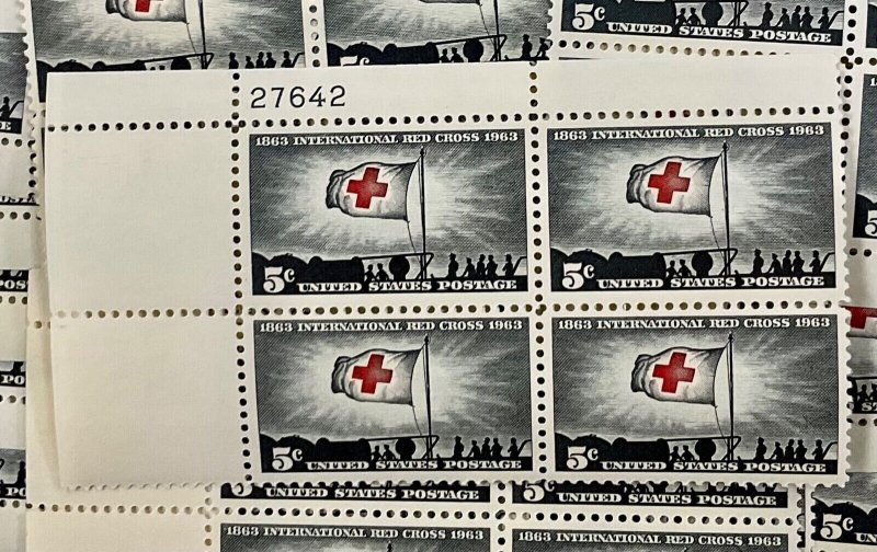 1239 International Red Cross Centennial 25 MNH 5 cent plate blocks  FV $5  1963