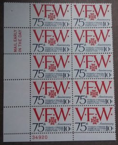 United States #1525 10c VFW-75th Anniversary MNH block of 10 plate #34920 (1974)