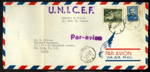 POLAND UNICEF MISSION 1949 Commercial Cover Warsaw to NYC USA Airmail 50z C24