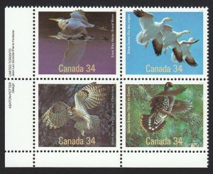 Birds = Owl, Heron, Grouse, Goose = Canada 1986 # 1098a MNH LL BLOCK OF 4