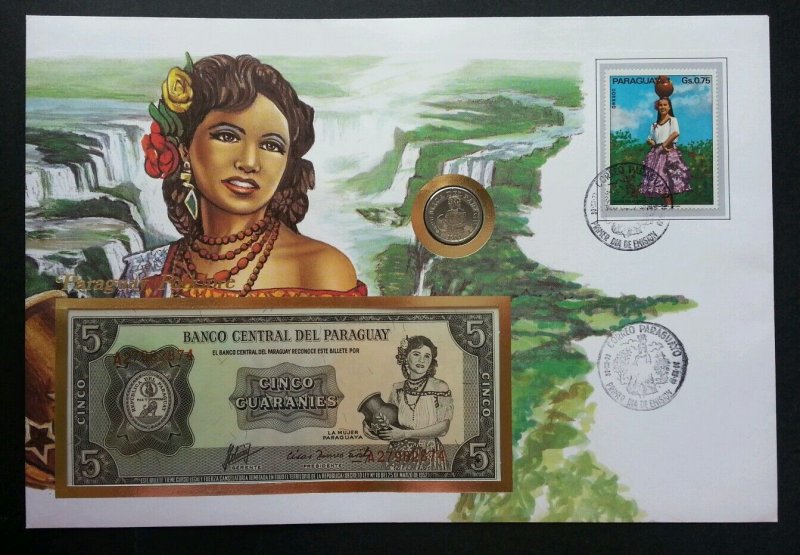 Paraguay Folklore 1973 Lady Flower Nature FDC (banknote coin cover) *rare 3 in 1