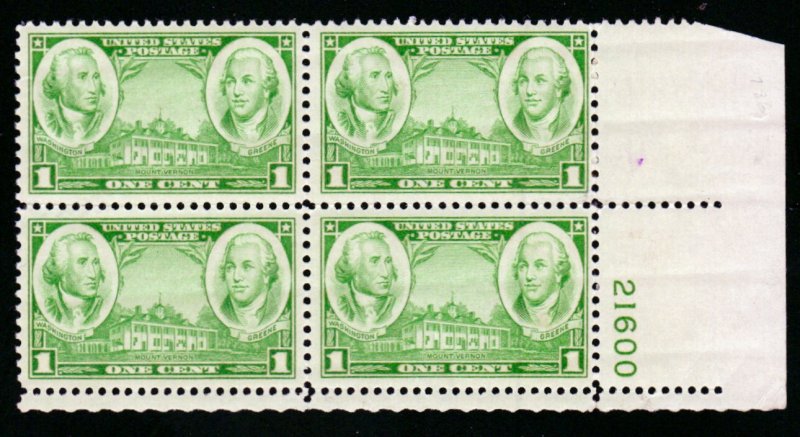 SC# 785 - (1c) - Generals Washington & Green, MNH plate block/4 - LR # 21600