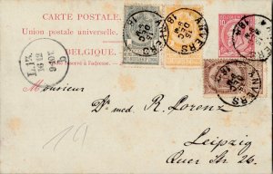 Belgium 1c, 2c Yellow and 2c Brown Coat of Arms on 10c King Leopold II Postal...