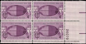 Scott # 1112 1958 4c red vio  Globe, Neptune & Cable Symbol  Plate Block - Lo...