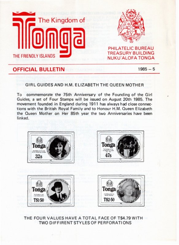 Tonga 1985 MNH Sc 608-11 announcement folder (no stamps)