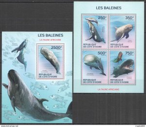 IC23 2014 IVORY COAST AFRICAN FAUNA WHALES MARINE LIFE MAMMALS #1579-2+BL203 MNH