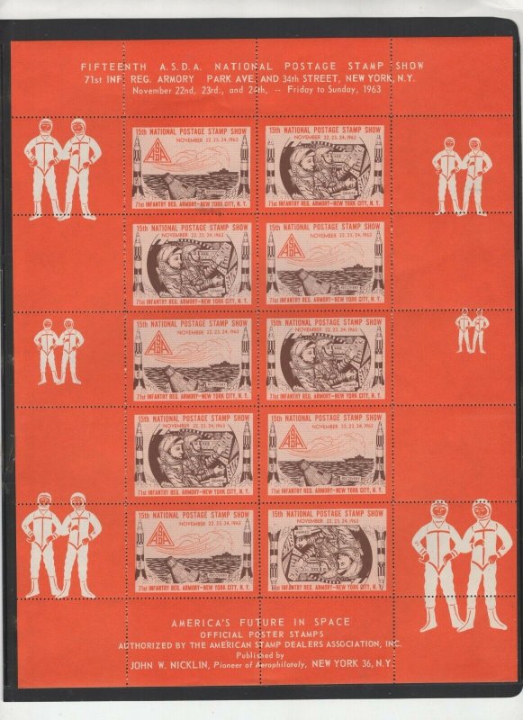 ASDA sheet of 10 Space Poster Stamps in brown for 1963 International Stamp Expo