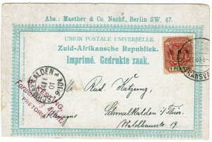 Transvaal 1900 Pretoria cancel on ZAR postcard to Germany, forwarding agent