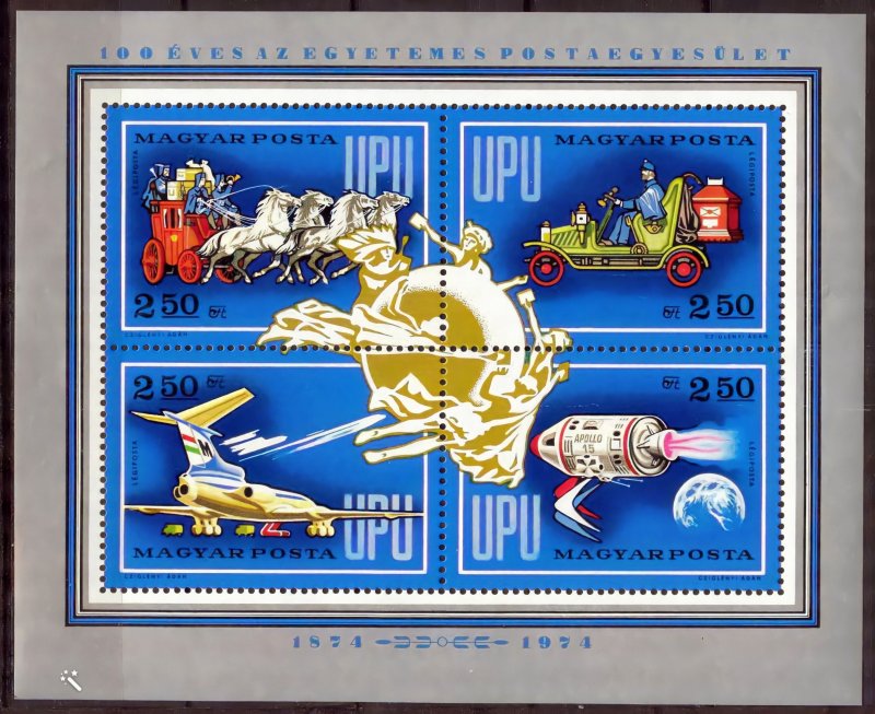 Hungary 1974 Sc#C350 UPU CENTENARY - CARS-SPACE APOLLO 15-JET Souvenir Sheet MNH