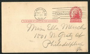 1918 WWI Era Postal Card Philadelphia PA Local Usage Penn Square Station Cancel