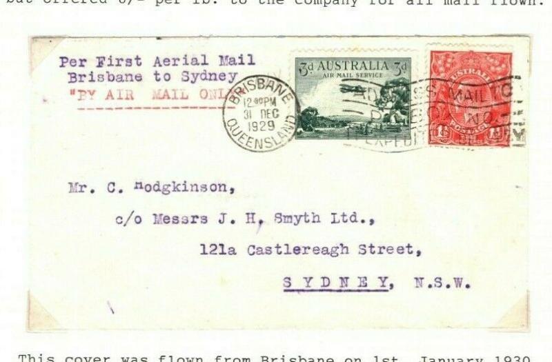 AUSTRALIA Air Mail First Flight Cover Brisbane Sydney 1930{samwells-covers} PA25