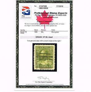 GENUINE CANADA SCOTT #119 VF USED PSE CERT 1925 OLIVE GREEN 20¢ KING GEORGE