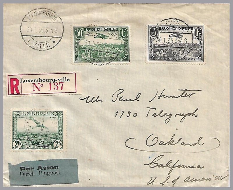 LUXEMBOURG – BELGIUM 1935 Registered Two-Country Mixed Franking – Reg to USA