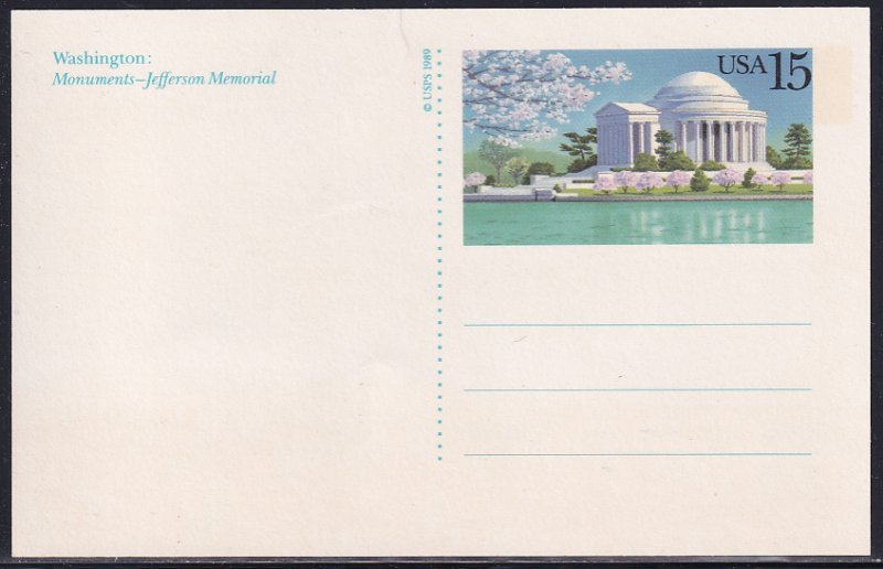 U.S.A. 1989 Sc UX144 Jefferson Memorial Washington DC Pic Postal Card Stamp MNH