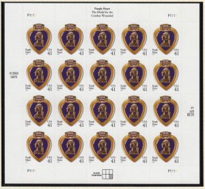 2007 Purple Heart 41c self-adhesive Sc 4164 full sheet of 20 MNH