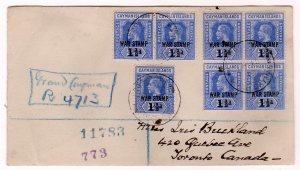 Cayman Islands KGV 2 1/2d overprinted War Stamp 1 1/2d(7) reg. to Canada, 1919
