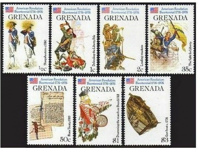 Grenada 716-722.723,MNH.Michel 747-756,Bl.54. USA-200,1976.Scenes,Flags,Gunboat.