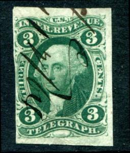 U.S. R19a used 3c Telegraph imperf, green F-VF