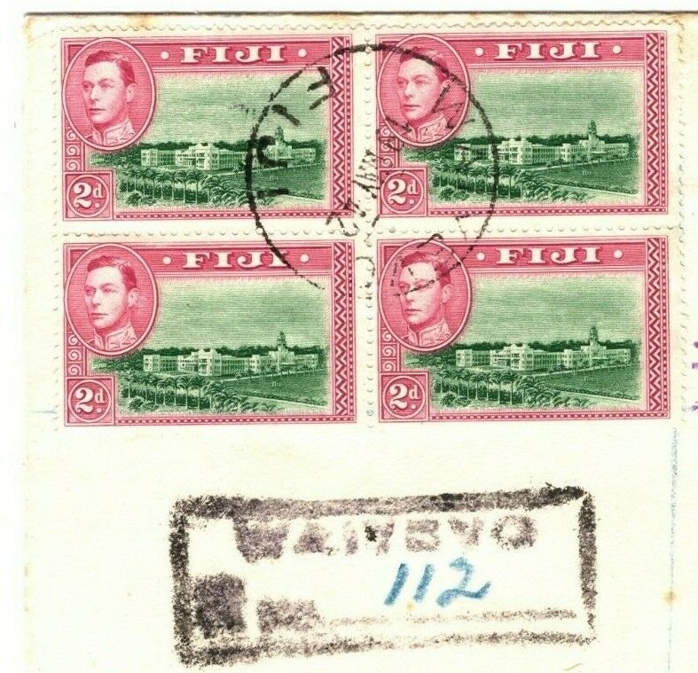 FIJI First Day Cover KGVI BLOCK OF FOUR Waiyevo Registered FDC Natuvu 1942 MA558