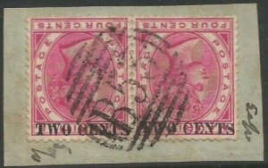 Mauritius 1891 SG118a 2c on 4c crimson QV surcharge inverted pair on piece FU