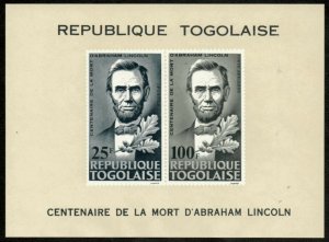 Togo 1965 - Abraham Lincoln, 100 Years - Imperf Souvenir Sheet - Sc C45a - MNH