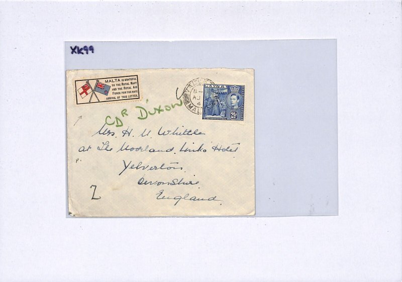 MALTA WW2 Cover Valletta RAF/ROYAL NAVY Label GB Devon Yelverton{samwells}XK99