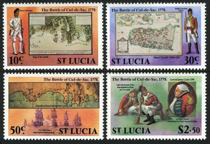 St Lucia 448-451, MNH. Mi 441-444. Battle of Cal-de-Sac, 200, 1978. J.Grant.Map,