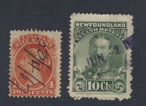 2x  Revenue Stamps;  Newfound #NFR17-10c Canada Bill #FB21 Guide Value = $45.00