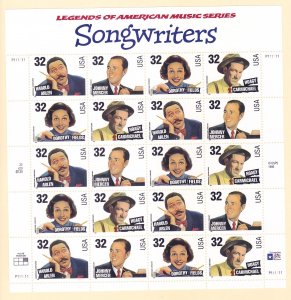 US 3103a (3100-03) MNH 1996 - 32c Songwriters - Legends of Music Pane of 20