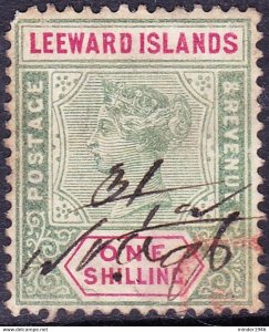 LEEWARD ISLANDS 1890 QV 1/- Green & Carmine SG7 FU