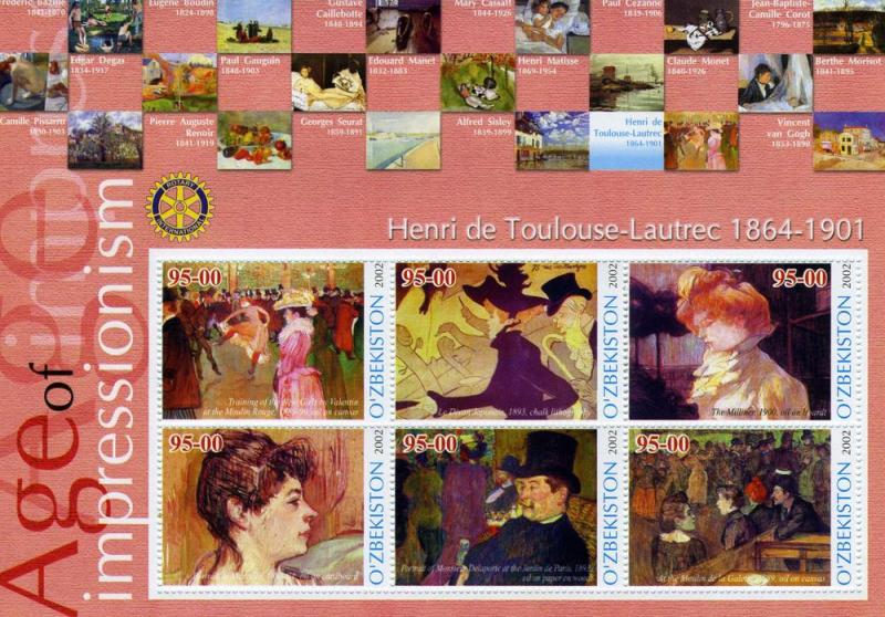 Uzbekistan 2002 TOULOUSE LAUTREC Paintings Rotary Sheet Perforated Mint (NH)