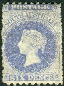 SOUTH AUSTRALIA-1867-70 6d Pale Blue ROULETTE Perf 10 mounted mint Sg 98