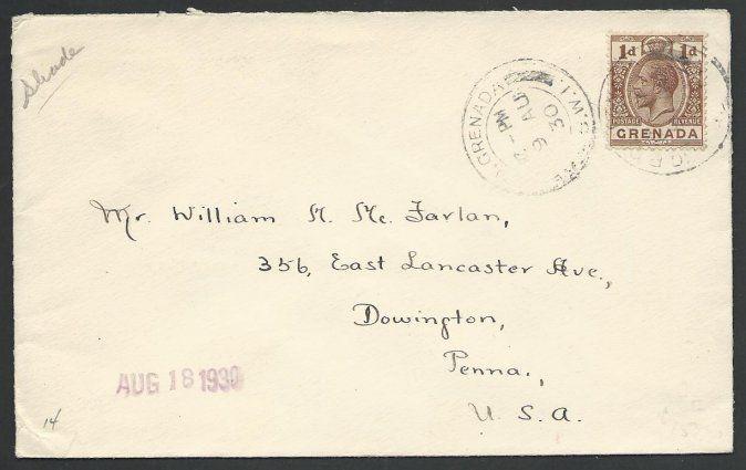 GRENADA 1930 cover GV 1d rate to USA.......................................51400